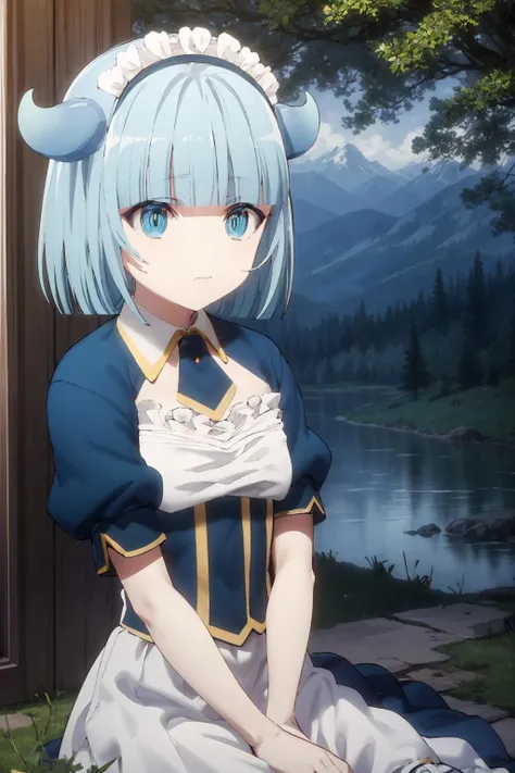 <lora:LizaV2:1>, lizadef, maid clothes, fence, stars, night, rivers, mountains, cowboy shot, detailed eyes, sitting