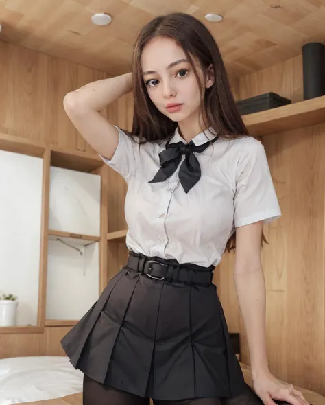 1girl, solazola, Russian model, skinny, BREAK, school uniform,  serafuku, pantyhose, BREAK, seductive pose, looking at viewer, sneer, BREAK, indoors, bokeh, natural lighting, cowboy shot,  <lora:Solazola-10:0.8>, BREAK, masterpiece, best quality, high quality, detail, highres, absurdres, 8k,