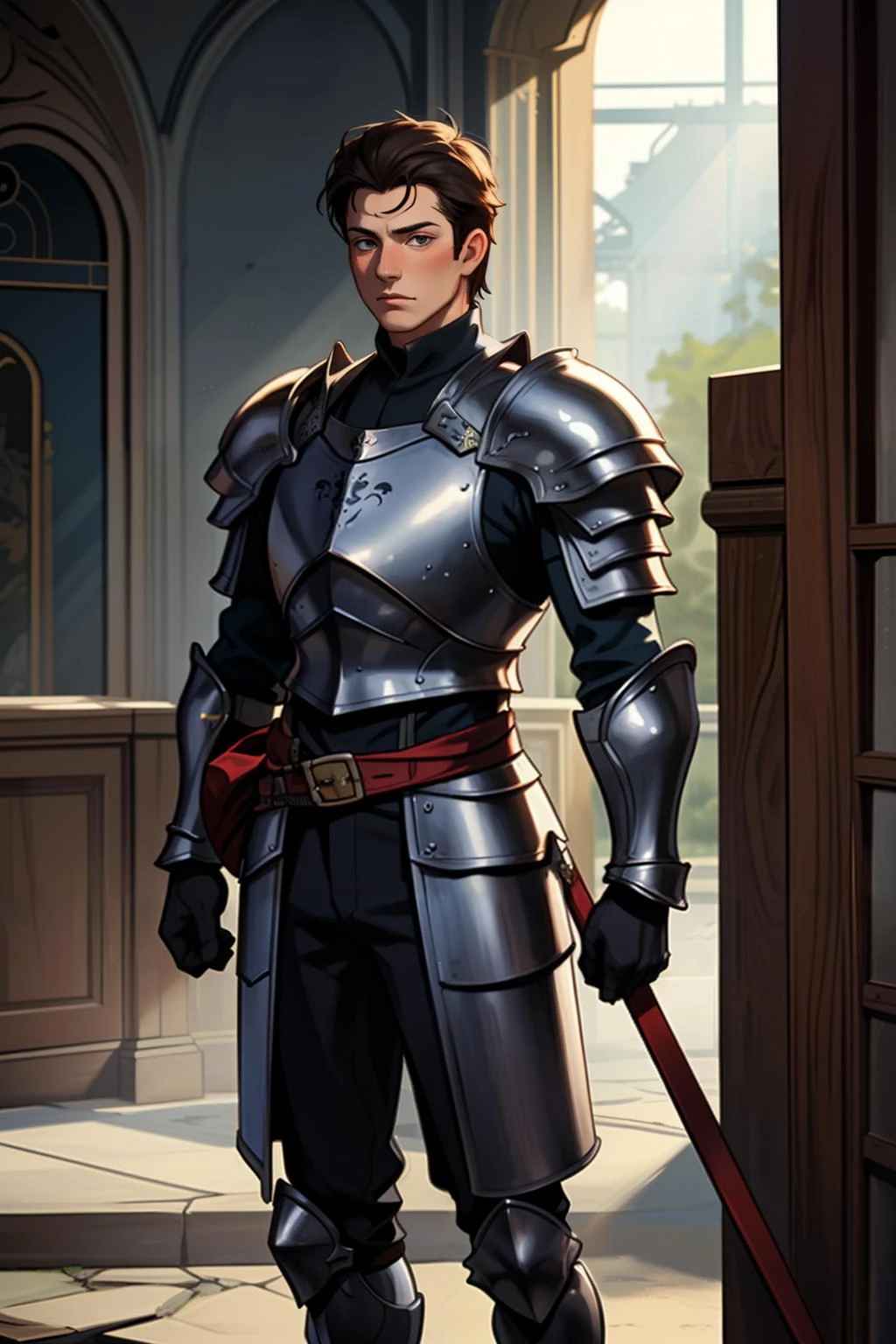 man leather armor young castle standing guard portrait, crepuscular rays