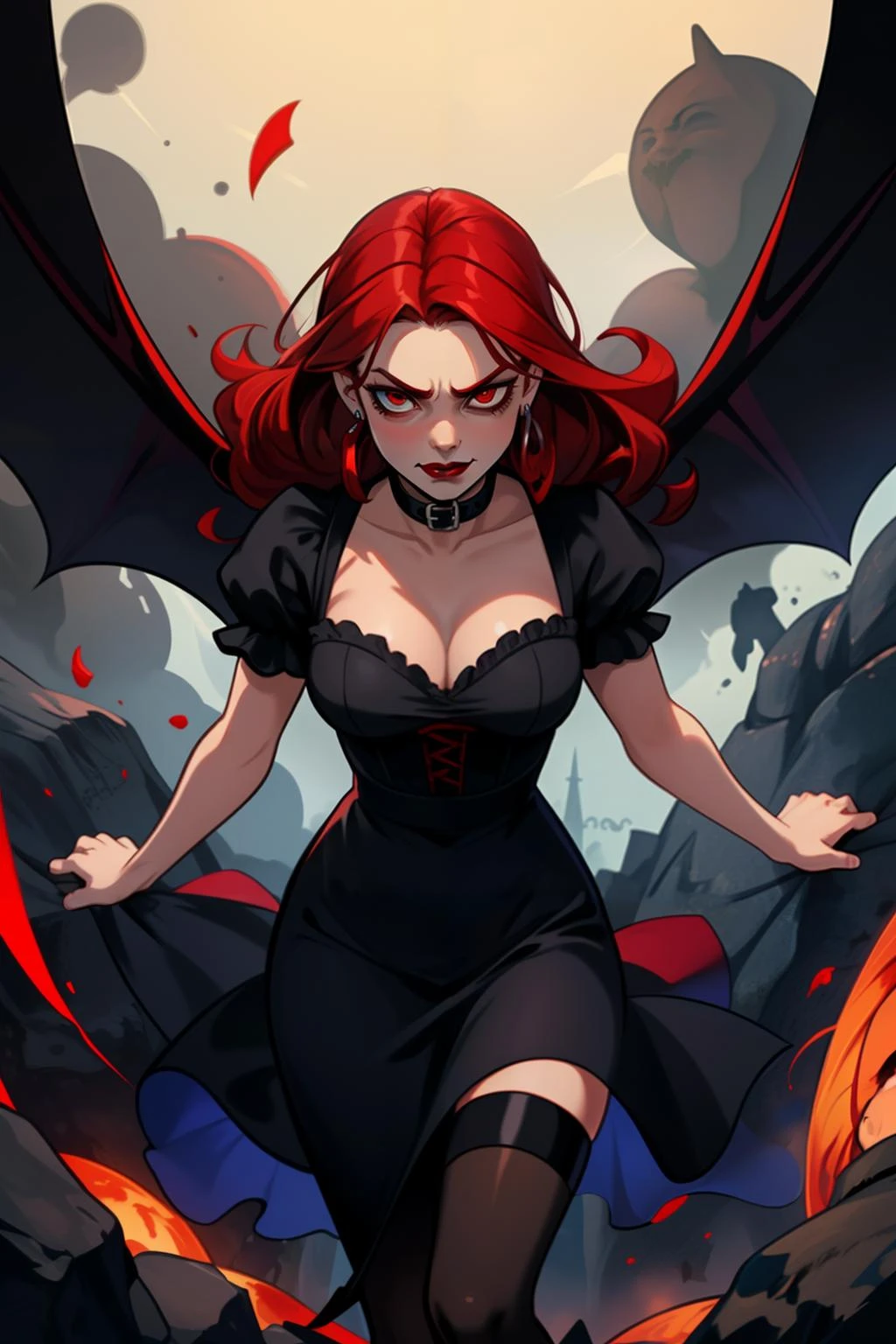 redhead fierce vampire dark looming monsters cave dust black_dress collar smirk