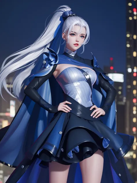 WZRYhuamulanMQJF, 1girl, long hair, solo, ponytail, cape, white hair, jewelry, dress, blue eyes, black gloves, armor, breasts, <lora:WZRYhuamulanMQJF:0.75>,cityscape, night, looking at viewer, mature female, hand on hip,