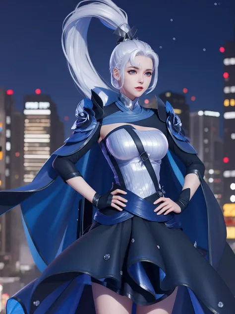 WZRYhuamulanMQJF, 1girl, long hair, solo, ponytail, cape, white hair, jewelry, dress, blue eyes, black gloves, armor, breasts, <lora:WZRYhuamulanMQJF:0.75>,cityscape, night, looking at viewer, mature female, hand on hip,