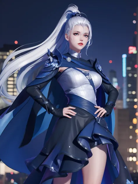 WZRYhuamulanMQJF, 1girl, long hair, solo, ponytail, cape, white hair, jewelry, dress, blue eyes, black gloves, armor, breasts, <lora:WZRYhuamulanMQJF:0.75>,cityscape, night, looking at viewer, mature female, hand on hip,