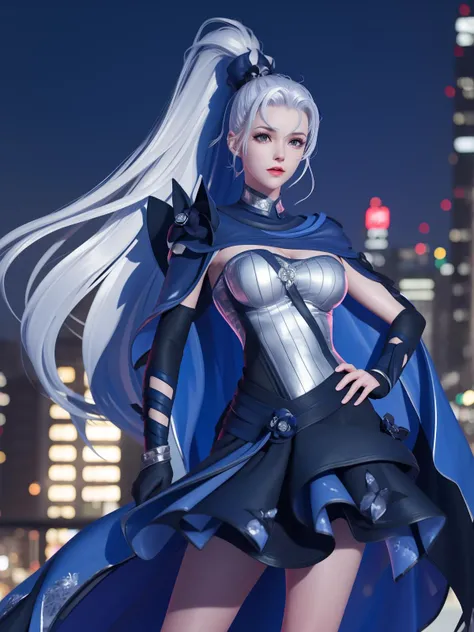 WZRYhuamulanMQJF, 1girl, long hair, solo, ponytail, cape, white hair, jewelry, dress, blue eyes, black gloves, armor, breasts, <lora:WZRYhuamulanMQJF:0.75>,cityscape, night, looking at viewer, mature female, hand on hip,