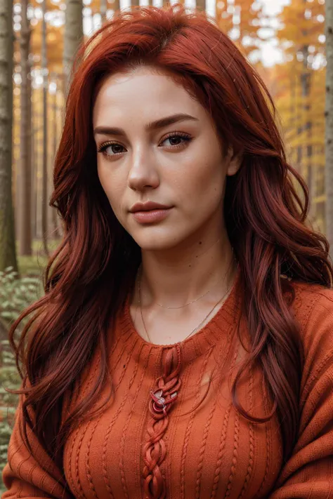 a close portrait of cr1ms0n_n0texist  in a ((poloneck sweater)) in autumn forest, collarbone, [headshot], [centre frame], looking at the camera, facing the camera, dynamic lighting, photorealistic, high detail, detailed, masterpiece, 8k, highres, flawless, colour, professional