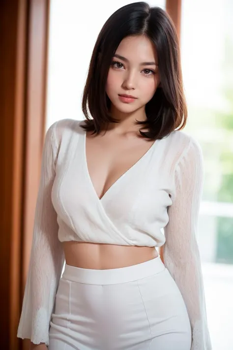 ((Highest quality, 8k, masterpiece: 1.3)), 1 Female, The beauty of slim abs: 1.3, (Hairstyle Casual, Big ample breasts: 1.2), Wet Skin, Ultra-fine face, Detailed eyes, double eyelid, smile, Formal shirt, Exposing cleavage, gigantic breasts: 1.3, cleavage: 1.3, Armpits,Leaning,forward, Black Hair,Tight bare legs, Full body description,White skin,mini skirt: 1.3,Girl with perfect body，Long Hair，Inside the room，ローションでWet Skin