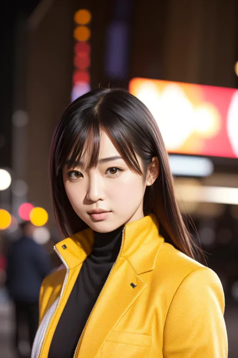 1girl, A stunning intricate full color portrait of Jackie Chan, wearing a tiger print turtleneck and Mustard suit, epic character composition, sharp focus, natural lighting, subsurface scattering, night, (city bg) , bokeh, f2, 35mm, film grain