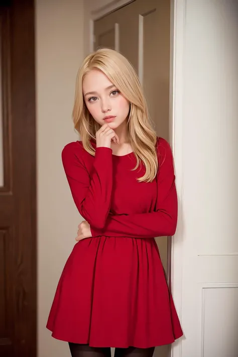 (masterpiece, best quality), 1girl, blonde hair, red dress, pantyhose, cute face, blush,