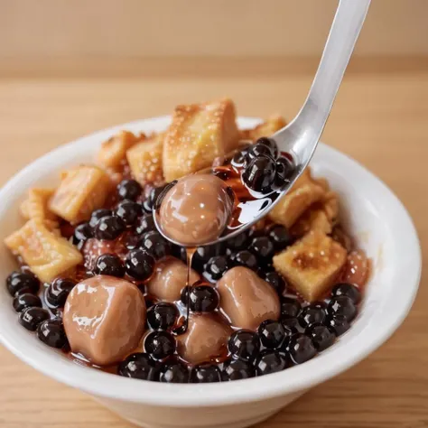 A photorealistic a bowl of food with a spoon in it, <lora:icetw:0.65>