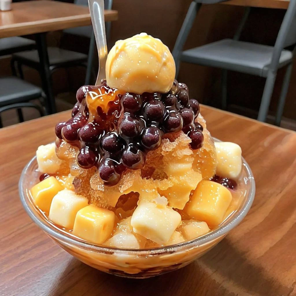 Shaved ice,A photorealistic a bowl of food and pudding with a spoon in it, <lora:icetw:0.65>