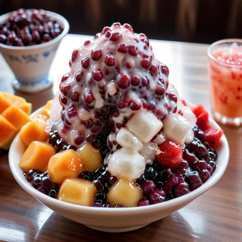 Shaved ice,A highly realistic depiction of traditional shaved ice, often referred to as 'old-fashioned' or 'classic style.' The image captures a heaping bowl of finely shaved ice, with the texture appearing soft and fluffy, almost like freshly fallen snow. Drizzled atop the ice are vibrant, syrupy streams of various classic flavors like strawberry, mango, and condensed milk, each glistening under a soft light. Around the bowl, traditional toppings are scattered artistically: sweet red beans, chewy tapioca pearls, and chunks of fresh fruit. The background is a simple, rustic table setting, evoking a sense of nostalgia and simplicity , <lora:icetw:0.75>