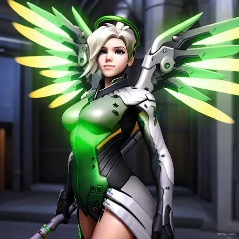 <lora:Wrise_Mercy:0.8>
Pretty girl, green mechanical armor, wings with green lights 3d