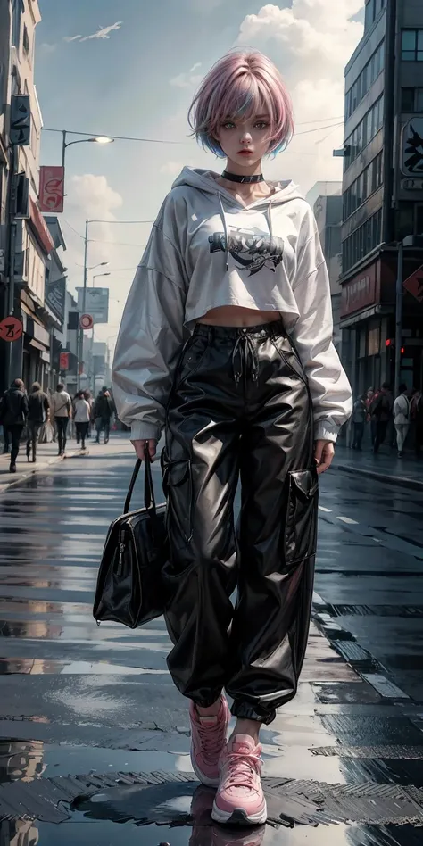 1girl, absurdres, ahoge, anime_creative, arms_at_sides, bag, baggy_pants, bangs, black_bag, black_choker, black_footwear, black_hair, black_pants, blue_eyes, building, choker, city, cityscape, closed_mouth, clothes_writing, collarbone, drawstring, full_body, highres, holding, holding_bag, hood, hood_down, hoodie, lamppost, long_sleeves, looking_at_viewer, medium_hair, messy_hair, multicolored_clothes, multicolored_hair, neon_lights, night, ocean3, orange_hoodie, original, outdoors, pants, pink_footwear, reflection, reflective_floor, reflective_surface, road, self_upload, shirt, shoes, short_hair, sky, skyscraper, sleeves_past_wrists, sneakers, solo, standing, straight-on, streaked_hair, street, (masterpiece:1.3), (best quality:1.3), 1girl