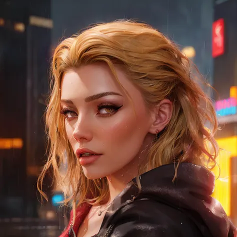 best quality, masterpiece, cinematic, realistic, cyberpunk, cyberpunk city, neon, volumetric lighting, black sky, (raining, thunderstorm), 1girl, (scarlet witch clothing, hoodie, pants, punk clothes), (flowing blonde hair), water reflecting off ground, bubble butt, No-one26, (dark brown eyes), big breasts, closed mouth