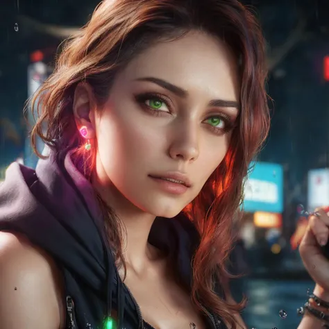 best quality, masterpiece, cinematic, realistic, cyberpunk, cyberpunk city, neon, volumetric lighting, black sky, (raining, thunderstorm), 1girl, (scarlet witch clothing, hoodie, pants, punk clothes), (flowing green hair), water reflecting off ground, bubble butt, No-one23, (dark brown eyes), big breasts, closed mouth