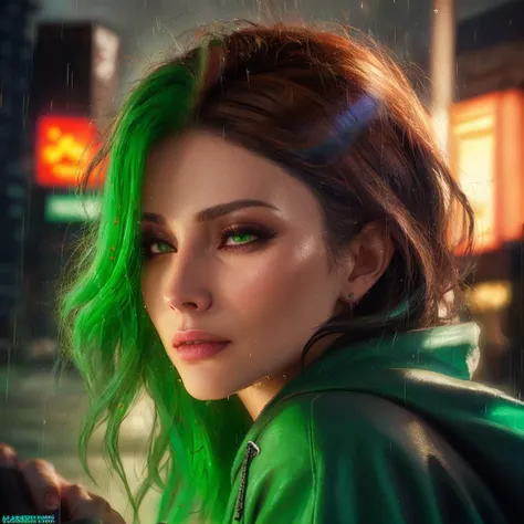 best quality, masterpiece, cinematic, realistic, cyberpunk, cyberpunk city, neon, volumetric lighting, black sky, (raining, thunderstorm), 1girl, (scarlet witch clothing, hoodie, pants, punk clothes), (flowing green hair), water reflecting off ground, bubble butt, No-one25, (dark brown eyes), big breasts, closed mouth