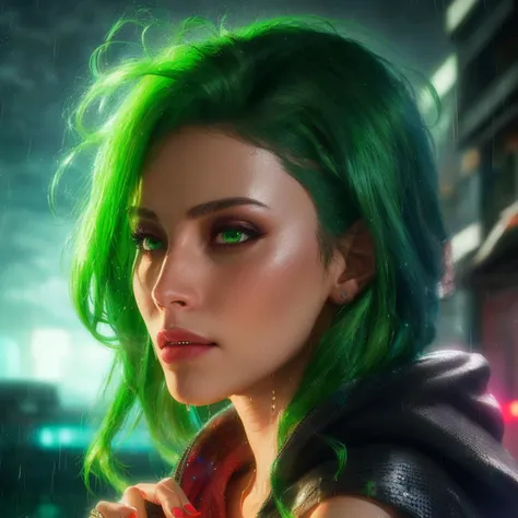 best quality, masterpiece, cinematic, realistic, cyberpunk, cyberpunk city, neon, volumetric lighting, black sky, (raining, thunderstorm), 1girl, (scarlet witch clothing, hoodie, pants, punk clothes), (flowing green hair), water reflecting off ground, bubble butt, No-one25, (dark brown eyes), big breasts, closed mouth