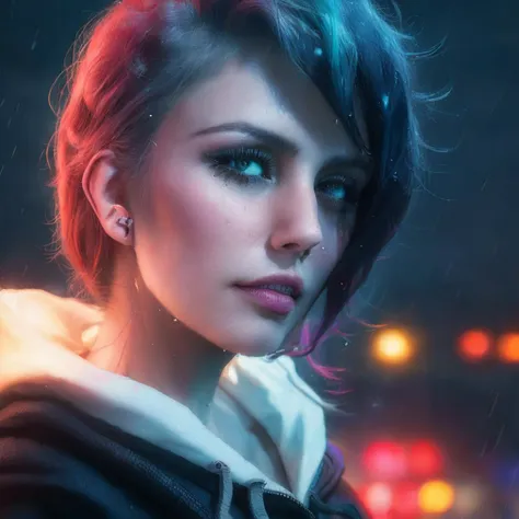 best quality, masterpiece, cinematic, realistic, cyberpunk, cyberpunk city, neon, volumetric lighting, black sky, (raining, thunderstorm), 1girl, (scarlet witch clothing, hoodie, pants, punk clothes), (flowing blue hair), water reflecting off ground, bubble butt, No-one20, dark brown eyes, big breasts