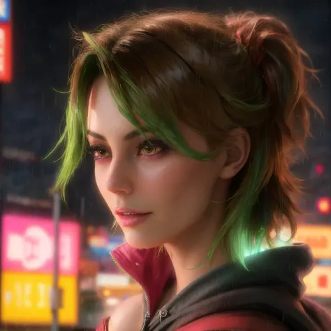 best quality, masterpiece, cinematic, realistic, cyberpunk, cyberpunk city, neon, volumetric lighting, black sky, (raining, thunderstorm), 1girl, (scarlet witch clothing, hoodie, pants, punk clothes), (flowing green hair), water reflecting off ground, bubble butt, No-one24, (dark brown eyes), big breasts, closed mouth