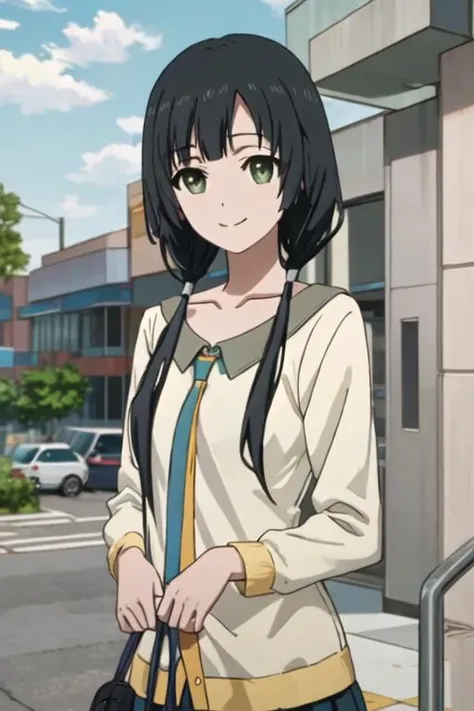 best quality, masterpiece, highres, solo, {yasuhara_ema_shirobako:1.15}, black_hair, low_twintails, twintails, long_hair, green_eyes, bangs, 1girl, collarbone, anime_coloring, upper_body, looking_at_viewer, smile
