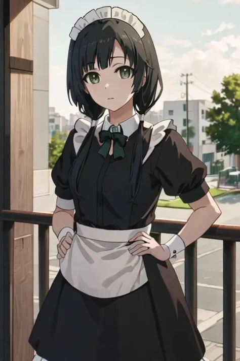 best quality, masterpiece, highres, solo, {maid:1.40}, {long maid dress:1.15}, {yasuhara_ema_shirobako:1.15}, black_hair, low_twintails, twintails, long_hair, green_eyes, bangs