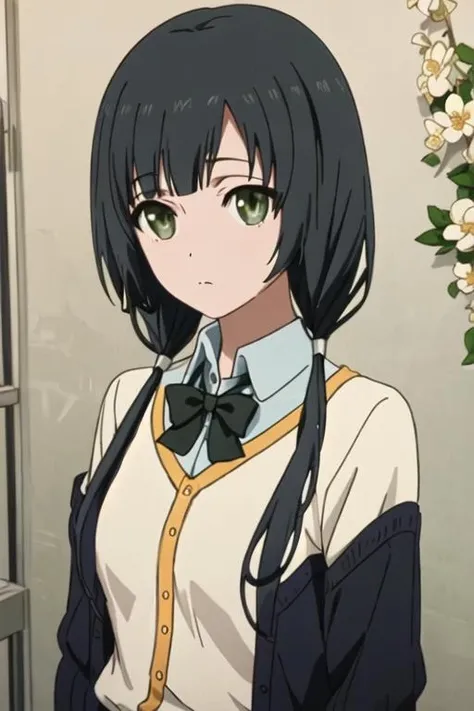best quality, masterpiece, highres, solo, {yasuhara_ema_shirobako:1.15}, black_hair, low_twintails, twintails, long_hair, green_eyes, bangs, 1girl, collared_shirt, shirt, white_shirt, closed_mouth, upper_body, flower, sweater, black_sweater, school_uniform, looking_at_viewer