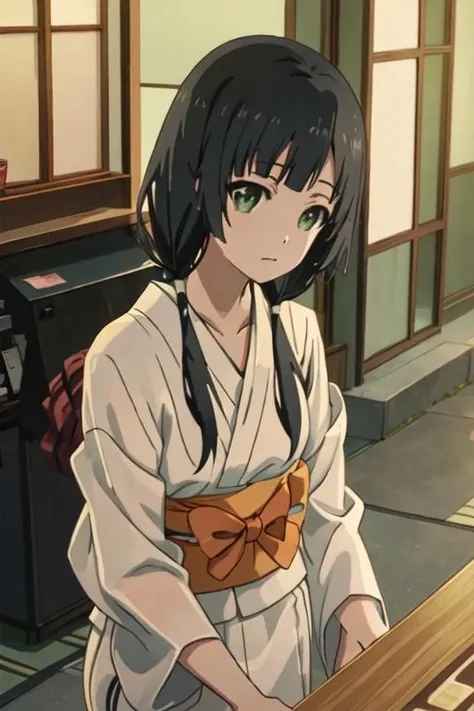 best quality, masterpiece, highres, solo, {yukata:1.40}, {kimono:1.20}, {yasuhara_ema_shirobako:1.15}, black_hair, low_twintails, twintails, long_hair, green_eyes, bangs
