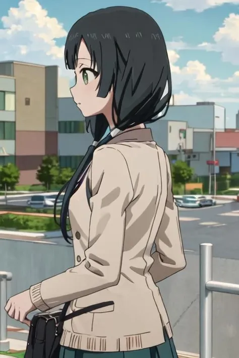best quality, masterpiece, highres, solo, {yasuhara_ema_shirobako:1.15}, black_hair, low_twintails, twintails, long_hair, green_eyes, bangs, 1girl, close-up, cloud, from_side, profile, sky, day, outdoors, nijigasaki_academy_school_uniform, school_uniform