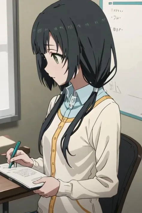 best quality, masterpiece, highres, solo, {yasuhara_ema_shirobako:1.15}, black_hair, low_twintails, twintails, long_hair, green_eyes, bangs, 1girl, from_side, holding, holding_pen, long_sleeves, pen, pencil, profile, writing, closed_mouth, upper_body