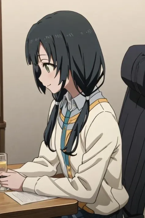 best quality, masterpiece, highres, solo, {yasuhara_ema_shirobako:1.15}, black_hair, low_twintails, twintails, long_hair, green_eyes, bangs, 1girl, closed_eyes, from_side, shirt, upper_body, blush, closed_mouth, grey_background, chair, profile, sitting, smile