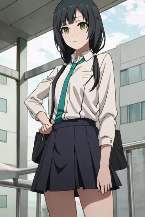 best quality, masterpiece, highres, solo, {yasuhara_ema_shirobako:1.15}, black_hair, low_twintails, twintails, long_hair, green_eyes, bangs, 1girl, school_uniform, anime_coloring, necktie, shirt