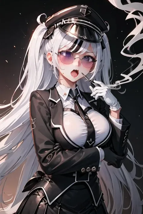 best quality, masterpiece, highres, solo, {black business suit:1.40}, {tie:1.20}, {sunglasses:1.25}, {white gloves:1.15}, {white shirt:1.10}, {black skirt:1.15}, {smoking:1.20}, handsome, {elbe_azurlane:1.15}, long_hair, purple_eyes, multicolored_hair, breasts, streaked_hair, large_breasts, white_hair, open_mouth, black_hair, fang, skin_fang, cross, blush, iron_cross, hat, black_headwear, peaked_cap, two-tone_hair
