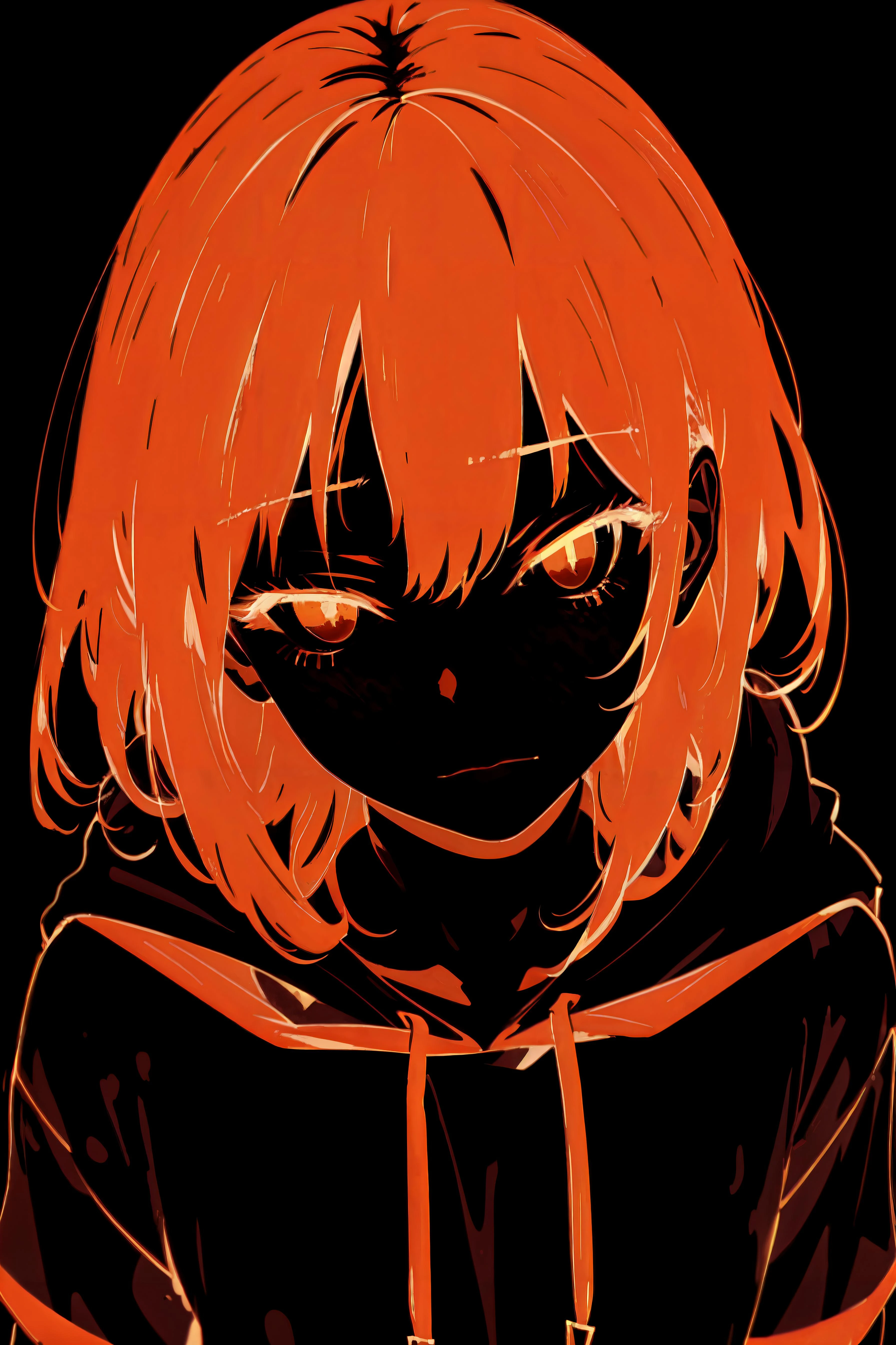 masterpiece, best quality, ultra high res, beautiful, visually stunning, elegant, incredible details, award-winning painting, (dark art:1.1), deep shadow, (dark orange theme:1.2), <lora:n3on - Style2-000014:1>, n3on, glowing, neon, detailed eyes, (bored:1.2), hoodie, short hair,