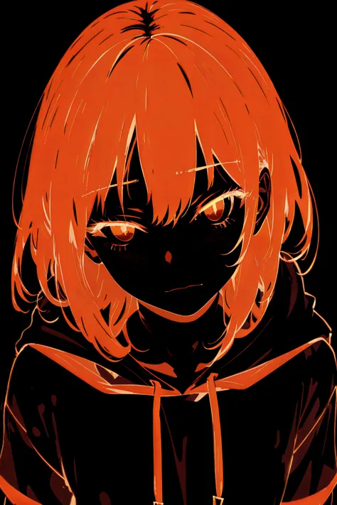 masterpiece, best quality, ultra high res, beautiful, visually stunning, elegant, incredible details,  award-winning painting, (dark art:1.1), deep shadow, (dark orange theme:1.2),    <lora:n3on - Style2-000014:1>, n3on, glowing, neon,    detailed eyes, (bored:1.2), hoodie, short hair,