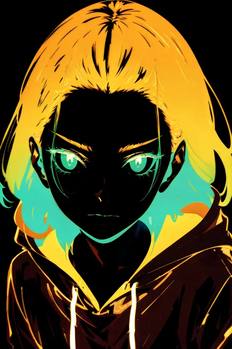 masterpiece, best quality, ultra high res, beautiful, visually stunning, elegant, incredible details, award-winning painting, (dark art:1.1), deep shadow, (gradient theme:1.2), <lora:n3on - Style2-000014:1>, n3on, glowing, neon, detailed eyes, (bored:1.2), hoodie, short hair,