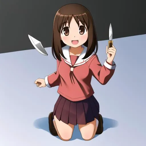 <lora:AyumuLoRAV2:0.7>, 1girl, (full body), ayumu kasuga, brown hair, brown eyes, school uniform, serafuku, white sailor collar, looking at viewer, smile, open mouth, (holding knife), white background