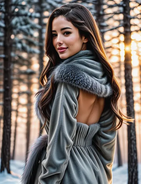 beautiful woman (angiev:.99), beautiful hair, winter forest, elegant, snowing, natural skin texture, (fashionable fur coat), (turtleneck), sunset, cute smile, (Looking back over shoulder), 24mm, 4k textures, soft cinematic light, adobe lightroom, photolab, hdr, intricate, elegant, highly detailed, sharp focus, ((((cinematic look)))), soothing tones, insane details, intricate details, hyperdetailed, low contrast, soft cinematic light, exposure blend, hdr, faded, <lora:more_details:.6>, <lora:wowifierV3:.6>
