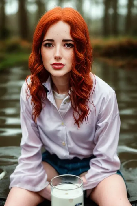 a portrait of a ((soaking wet of a milk)), redhead, freckles teacher is sitting, (angiev-4500), slate atmosphere, cinematic, dimmed colors, dark shot, muted colors, film grainy, depressing, insane details, intricate details, hyperdetailed,