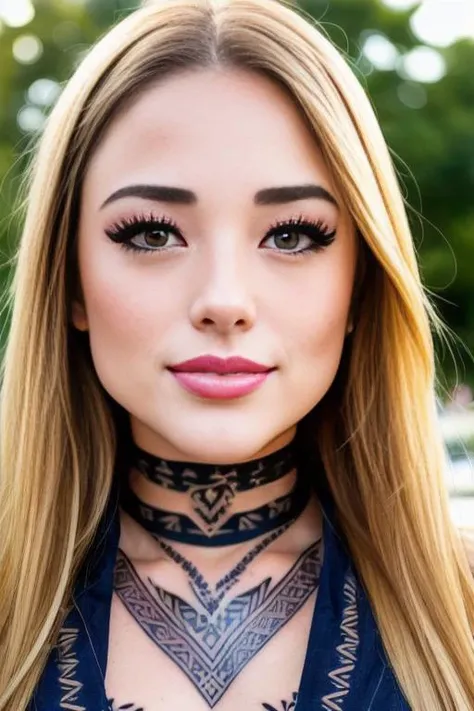 photo of a young angiev-4500, dynamic posture, pouty, teasing smirk, (extremely detailed:1.3), (textured skin:1.3), (slutty makeup:1.3), lipstick, (detailed eyes), highres, realistic lighting, blonde hair, freckles, choker, (sexy clothes:1.2), (background in public park:1.2), (sunny:1.3), (tribal tattoo:1.3),