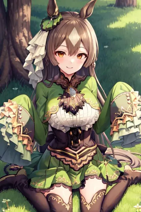masterpiece,best quality,((open eyes,)),squinting,meadow,((wariza)), <lora:guangzuan:1>satono diamond \(umamusume\),sleeves past wrists, sleeves past fingers, frilled sleeves, frills, long sleeves, corset, green dress, braid, ascot, green jacket, green skirt, (black thighhighs,) boots, white footwear, smile,