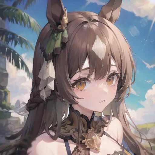 satono diamond \(umamusume\) (shy:1.3), (embarrassed:1.4), from above, looking_at_viewer, kneeling , looking up, cumdump, creampie, sea-through nipples, (excessive cum:1.2), (cum on hair:1.3), 1boy, detailed penis, long penis, paizuri, fellatio, detailed lip, deepthroat, grab head