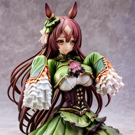 masterpiece,best quality,looking at viewer,bust,upper_body,figure,
1girl,solo,satono diamond \(umamusume\),sleeves past wrists,sleeves past fingers,frilled sleeves,frills,long sleeves,corset,green dress,braid,ascot,green jacket,green skirt,black thighhighs,boots,white footwear,huge breasts,
<lora:satono_diamond_lora:1>,<lora:Anime_Figure:1>,