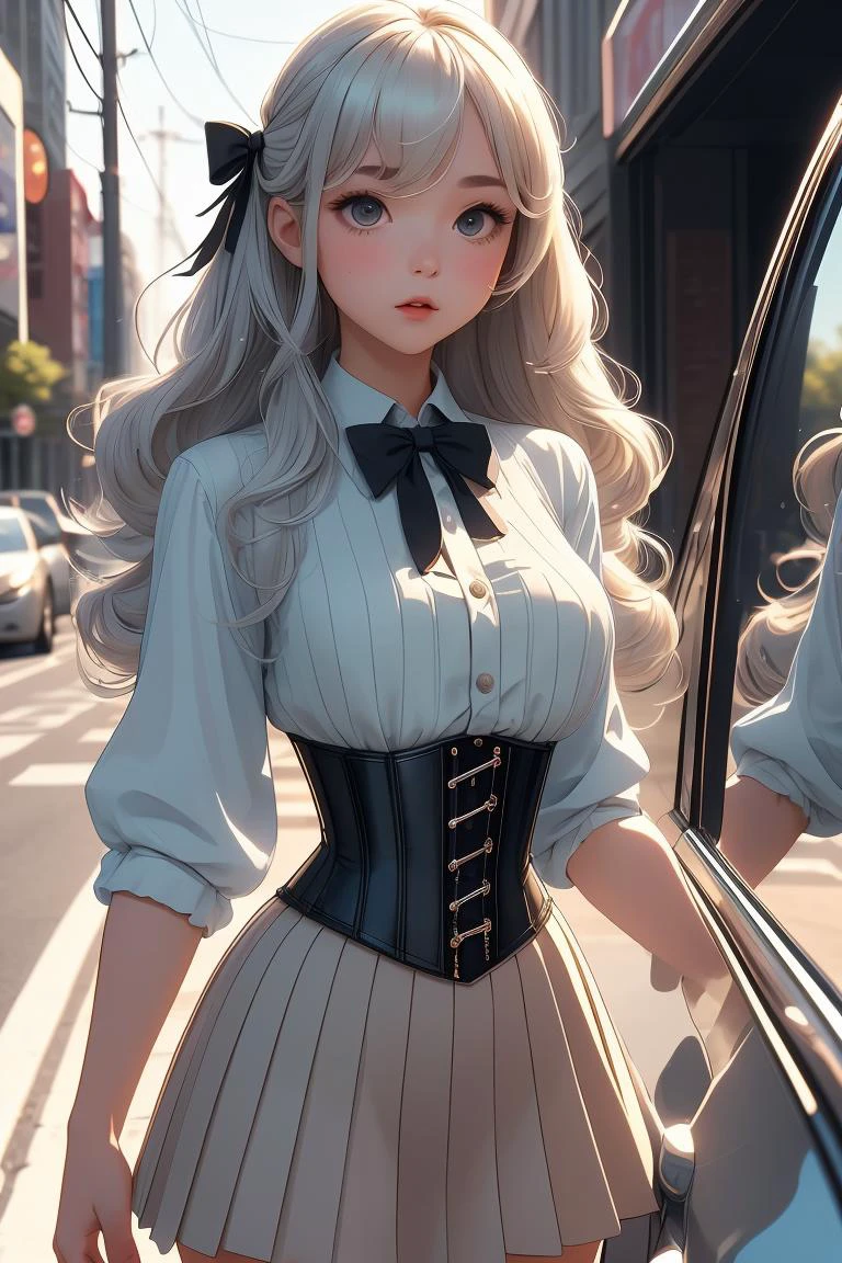 (masterpiece, best quality), 1girl, Amarillo Side-Swept Curls with Pearl Hairpin, Sizes I to L breasts, <lora:girllikecarglass:0.8> car glass, mirror, corset, pleated shirt, button skirt, sidewalk
