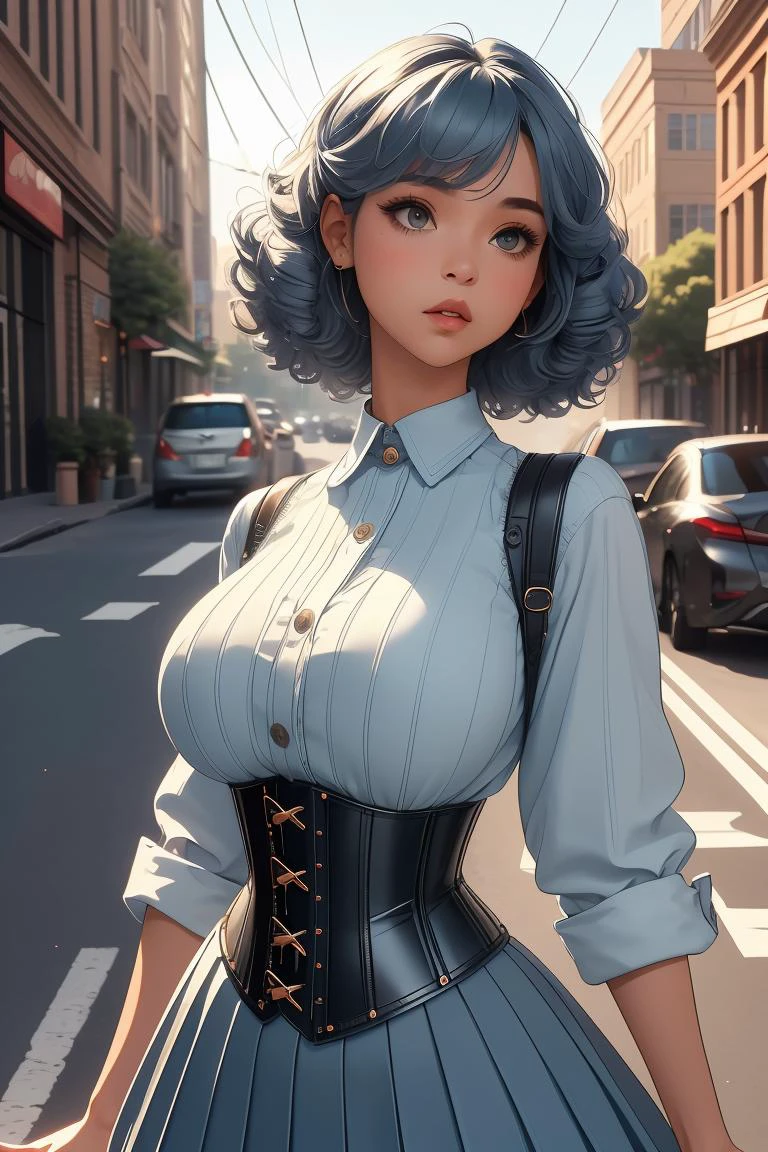 (masterpiece, best quality), 1girl, Denim Curly Top with Taper Fade, big breasts, <lora:girllikecarglass:0.8> car glass, mirror, corset, pleated shirt, button skirt, sidewalk
