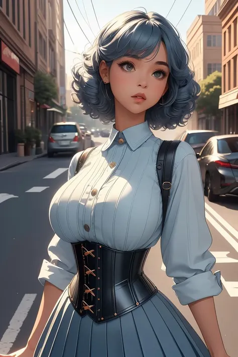 (masterpiece, best quality), 1girl,  Denim Curly Top with Taper Fade, big breasts,   <lora:girllikecarglass:0.8> car glass, mirror, corset, pleated shirt, button skirt, sidewalk