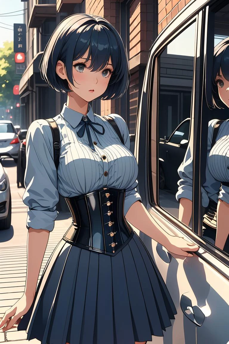 (masterpiece, best quality), 1girl, Dark Blue Short Crew Cut with Fade, medium breasts, <lora:girllikecarglass:0.8> car glass, mirror, corset, pleated shirt, button skirt, sidewalk