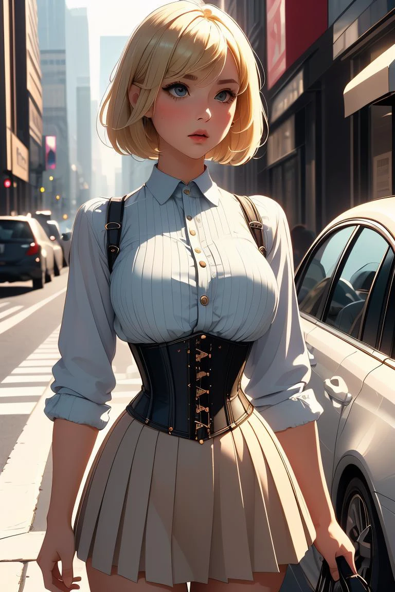 (masterpiece, best quality), 1girl, Blonde High and Tight Haircut, Size H breasts, <lora:girllikecarglass:0.8> car glass, mirror, corset, pleated shirt, button skirt, sidewalk