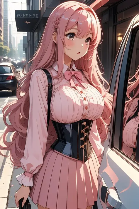 (masterpiece, best quality), 1girl,  Coral pink Long Wavy Hair with Deep Side Part, big breasts,   <lora:girllikecarglass:0.8> car glass, mirror, corset, pleated shirt, button skirt, sidewalk