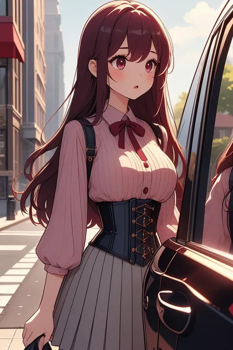 (masterpiece, best quality), 1girl,  Burgundy Long Layered Hair, Size DD breasts,   <lora:girllikecarglass:0.8> car glass, mirror, corset, pleated shirt, button skirt, sidewalk