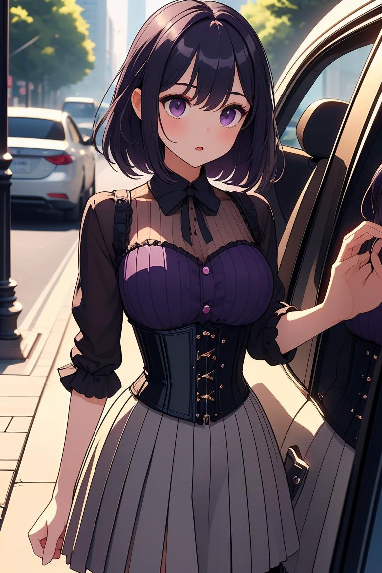 (masterpiece, best quality), 1girl, Dark Violet Taper Fade with Textured Top and, Sizes I to L breasts, <lora:girllikecarglass:0.8> car glass, mirror, corset, pleated shirt, button skirt, sidewalk